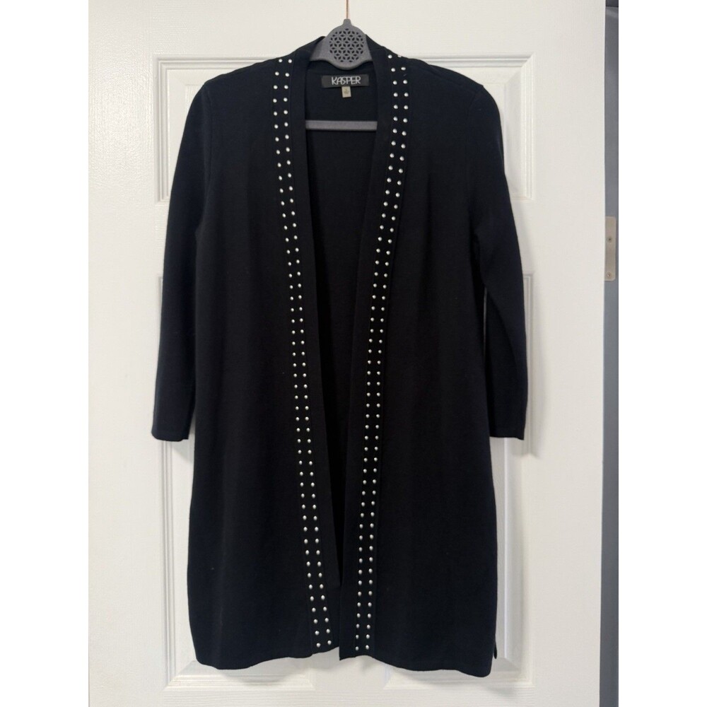 NWOT Kasper Black Studded Open Front Cardigan Duster Sweater Size Small